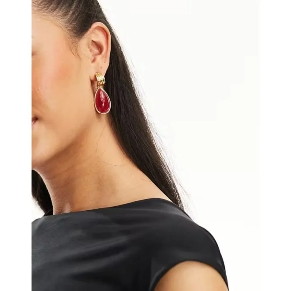 Gold Teardrop Red Stone Earrings